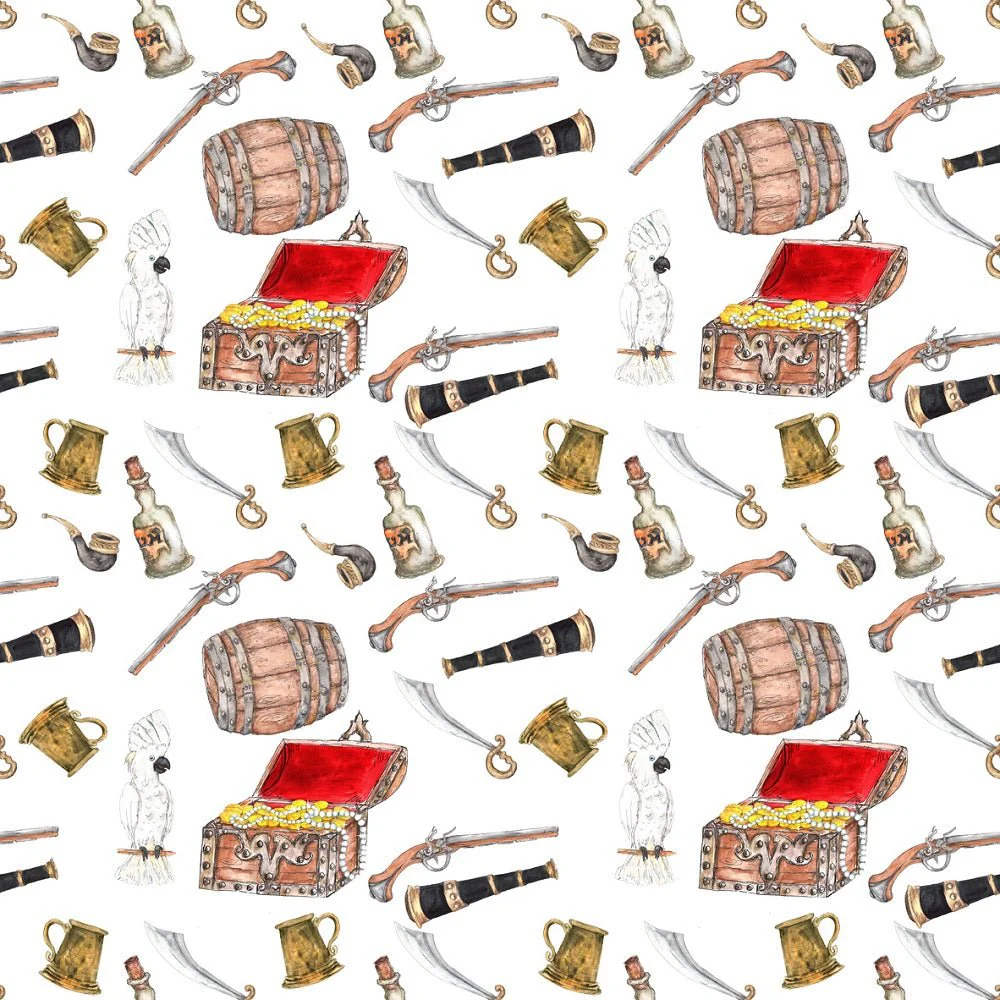 Pirate Adventure Treasure Fabric - White