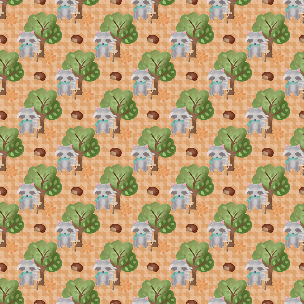Raccoons In The Forest Fabric - Orange