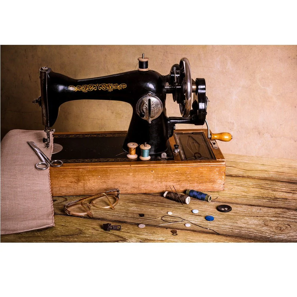 Realistic Antique Sewing Machine Scene Fabric Panel