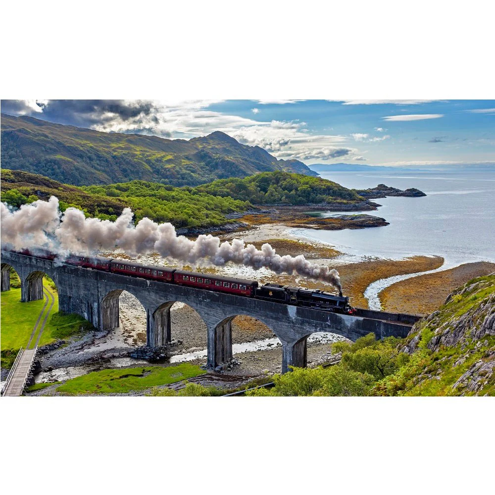 Realistic Steam Train Crossing Bridge Fabric Panel
