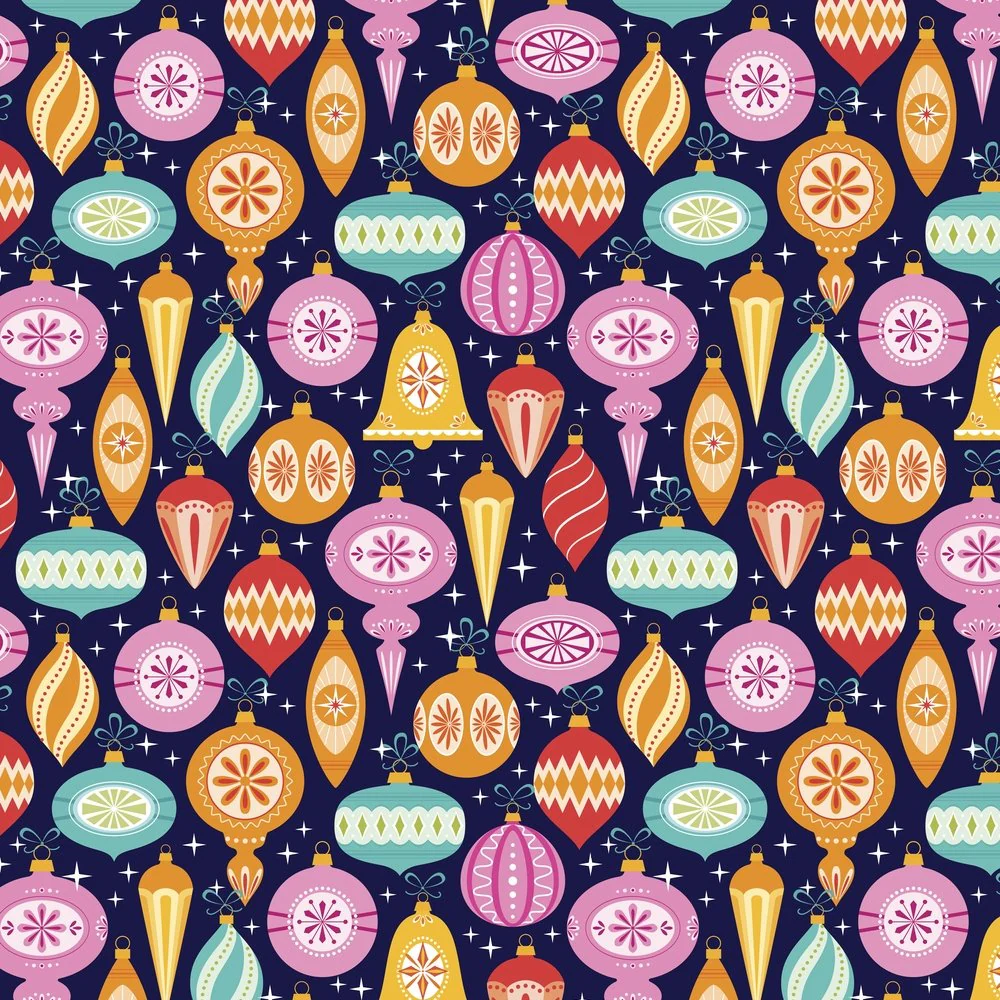 Retro Christmas Ornaments Fabric - Navy
