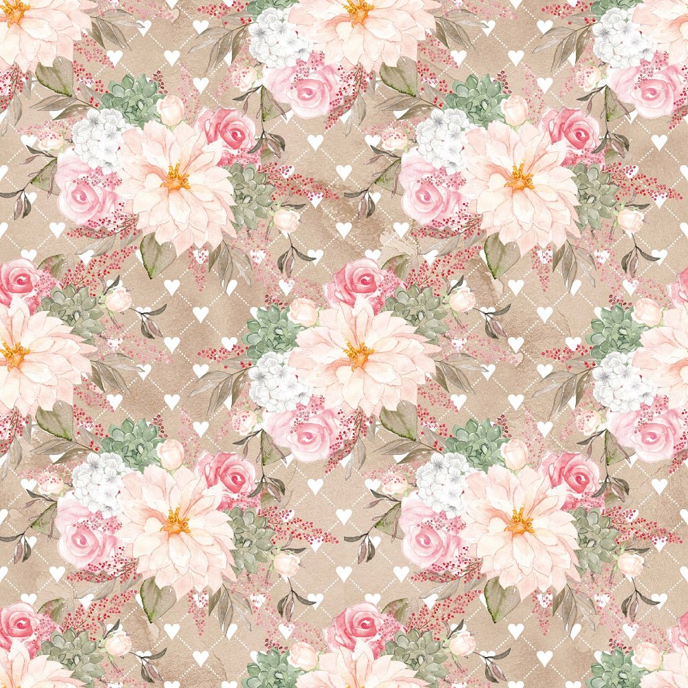Romantic Bouquets on Hearts Fabric - Brown