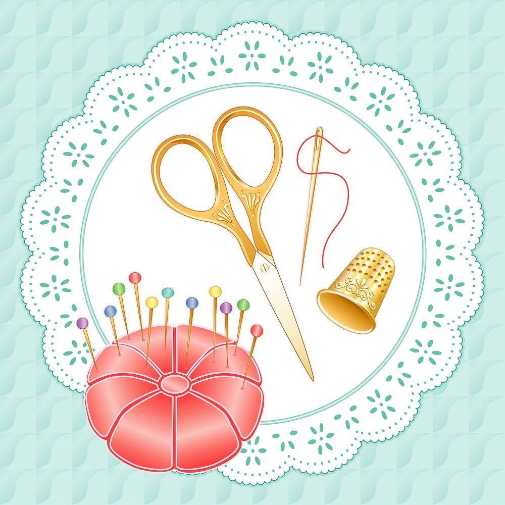 Sewing Supplies on Doily Fabric Panel