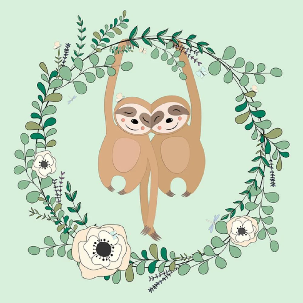Sloth Friends On A Eucalyptus Wreath Fabric Panel - Green
