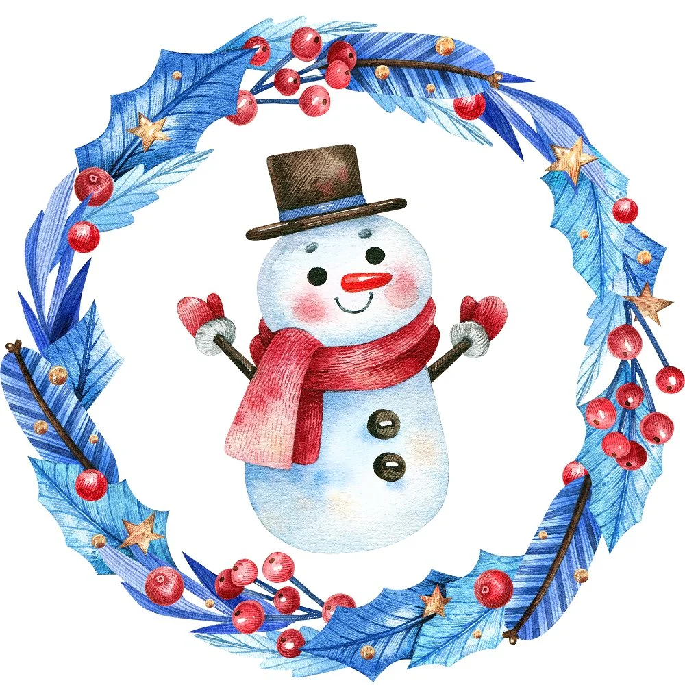 Snowman in a Wreath Fabric Panel - Blue