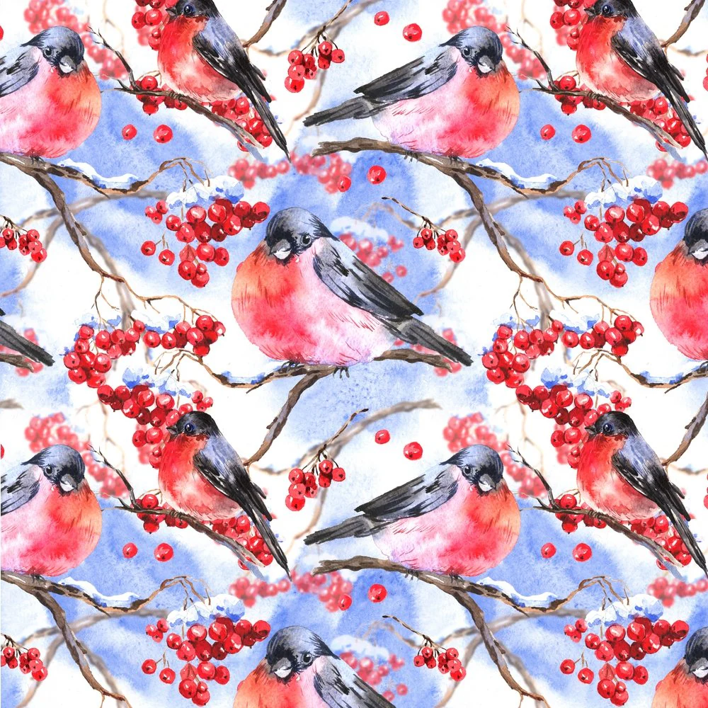 Snowy Bullfinch & Berries Fabric