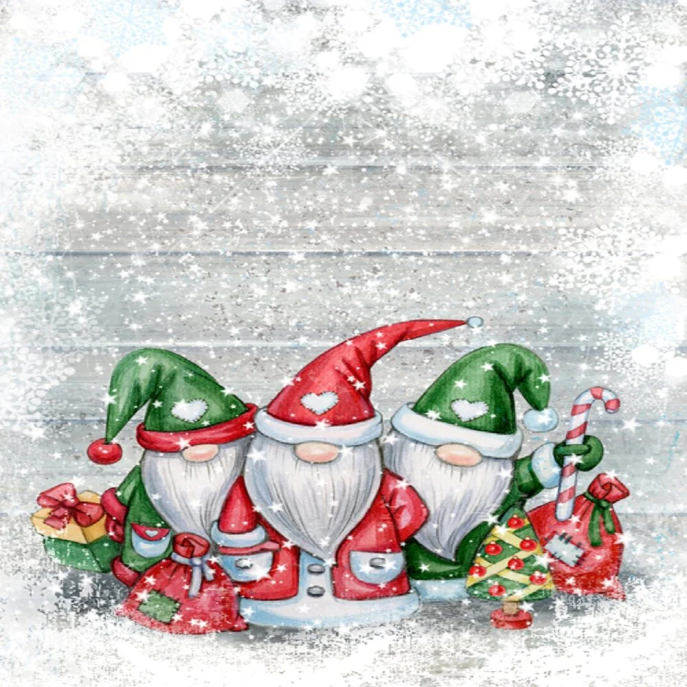 Snowy Christmas Gnomes Fabric Panel - White