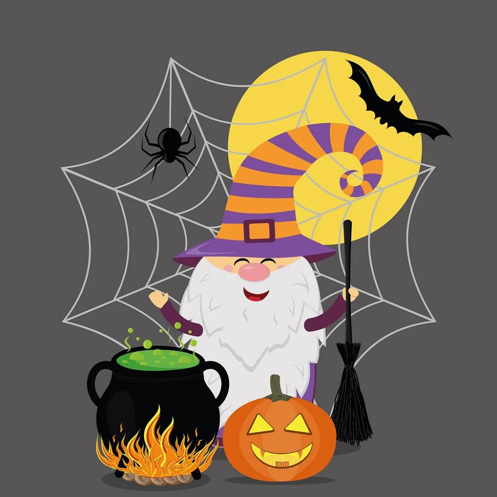 Spooky Halloween Gnome Fabric Panel - Grey
