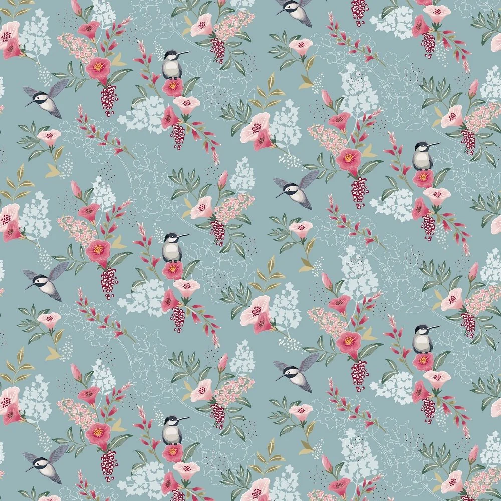 Spring Flowers & Birds Fabric - Light Blue