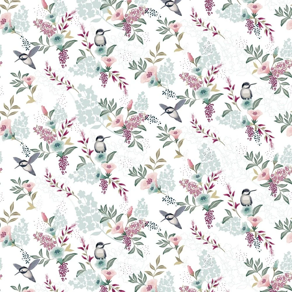 Spring Flowers & Birds Fabric - White