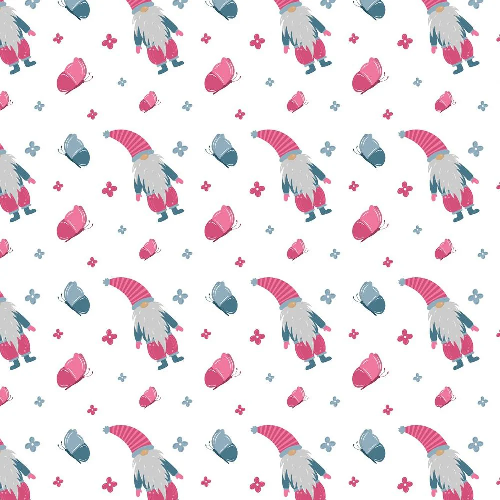 Spring Gnomes & Butterflies Fabric - White