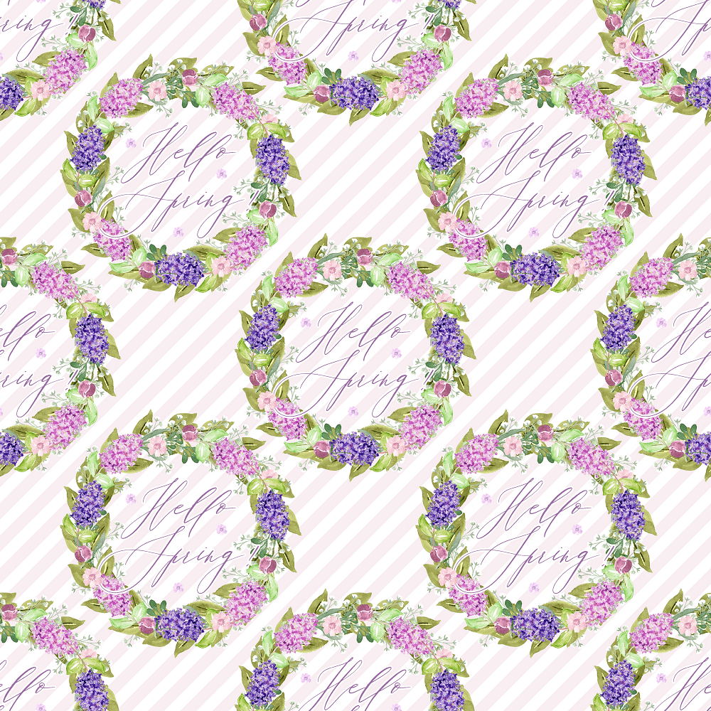Spring Lilac Wreath & Stripes Fabric - White