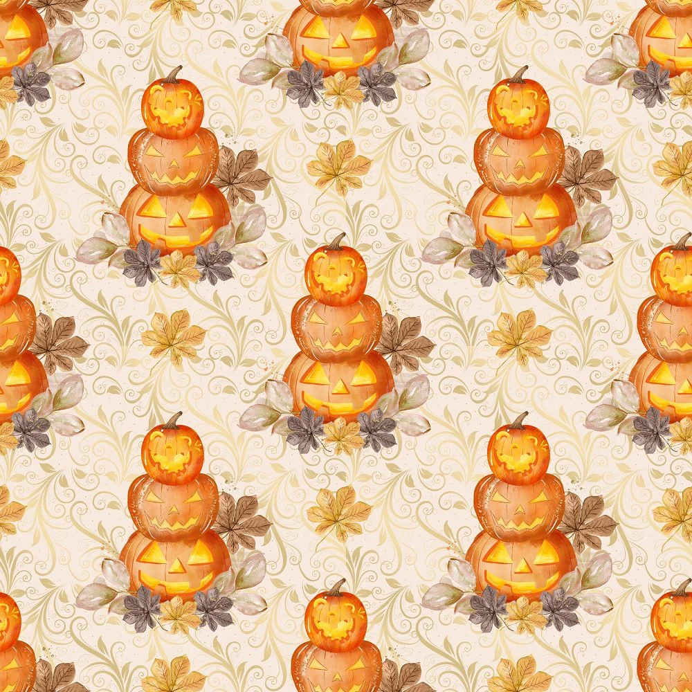 Stacked Jack-O-Lanterns on Vines Fabric - Tan