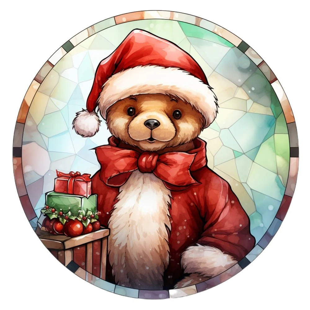 Stained Glass Santa Bear with Present #2 Fabric Panel