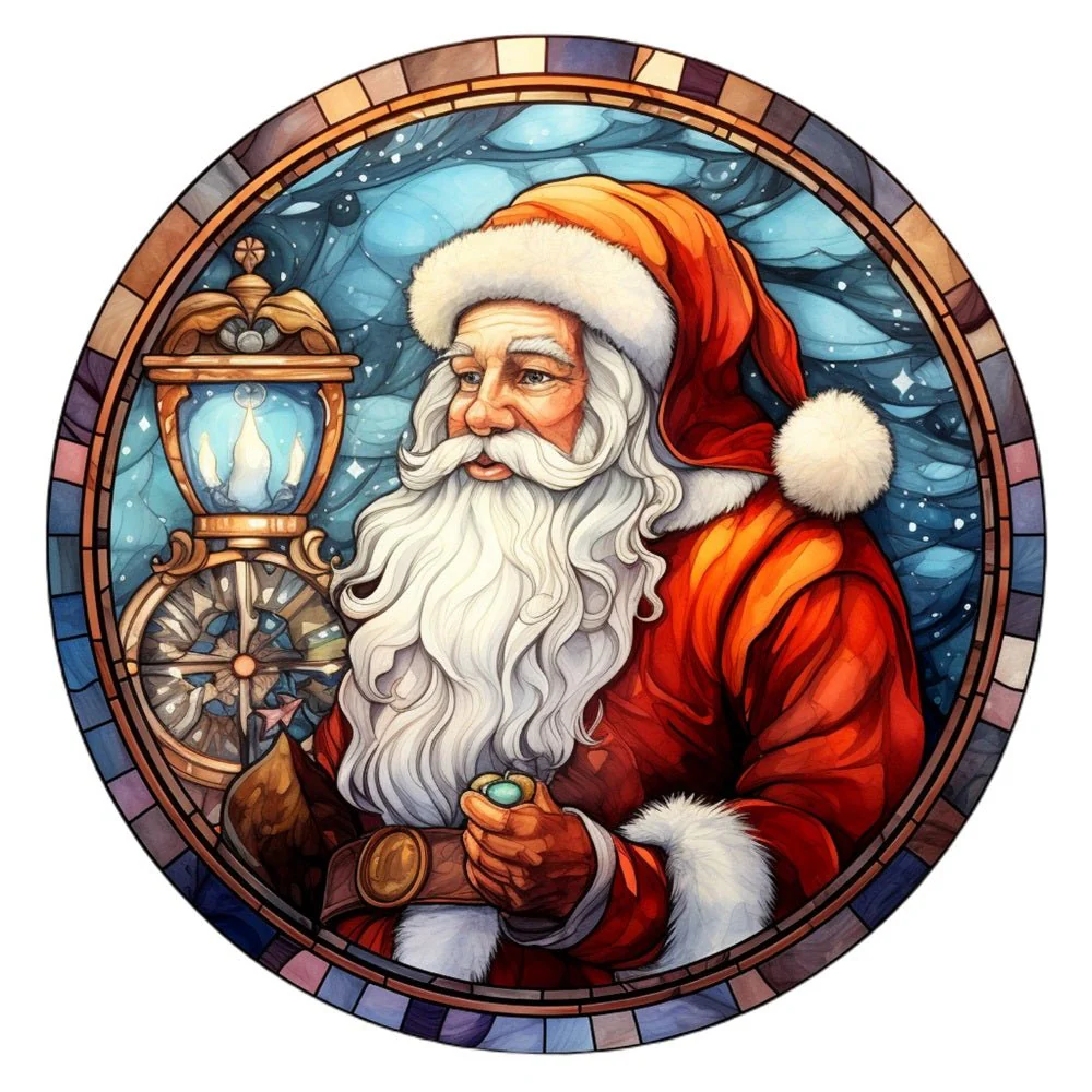 Stained Glass Santa with Lantern Fabric Panel