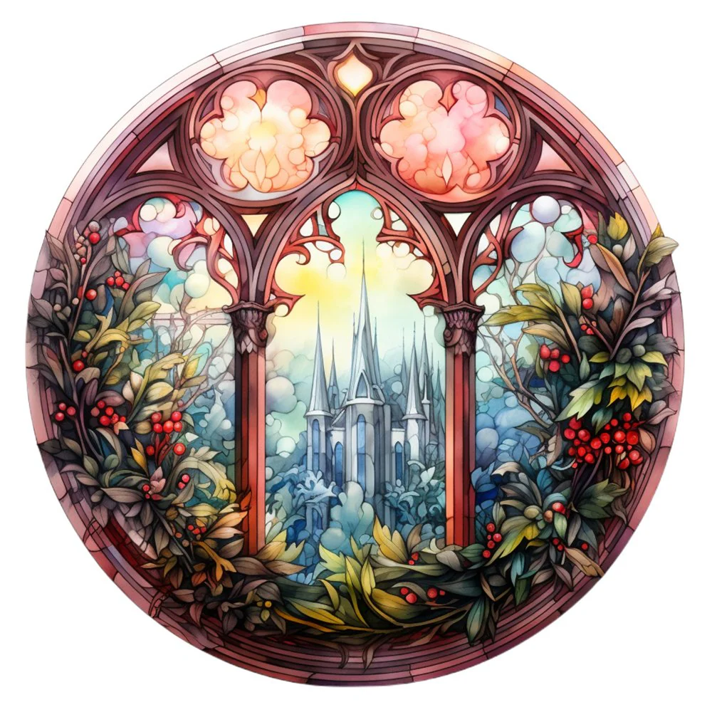 Stained Glass Window with Castle Fabric Panel