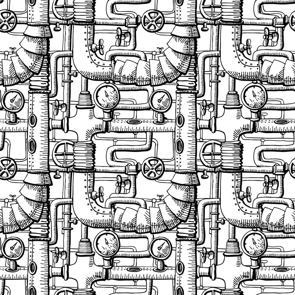 Steampunk Pipes & Gauges Fabric - White
