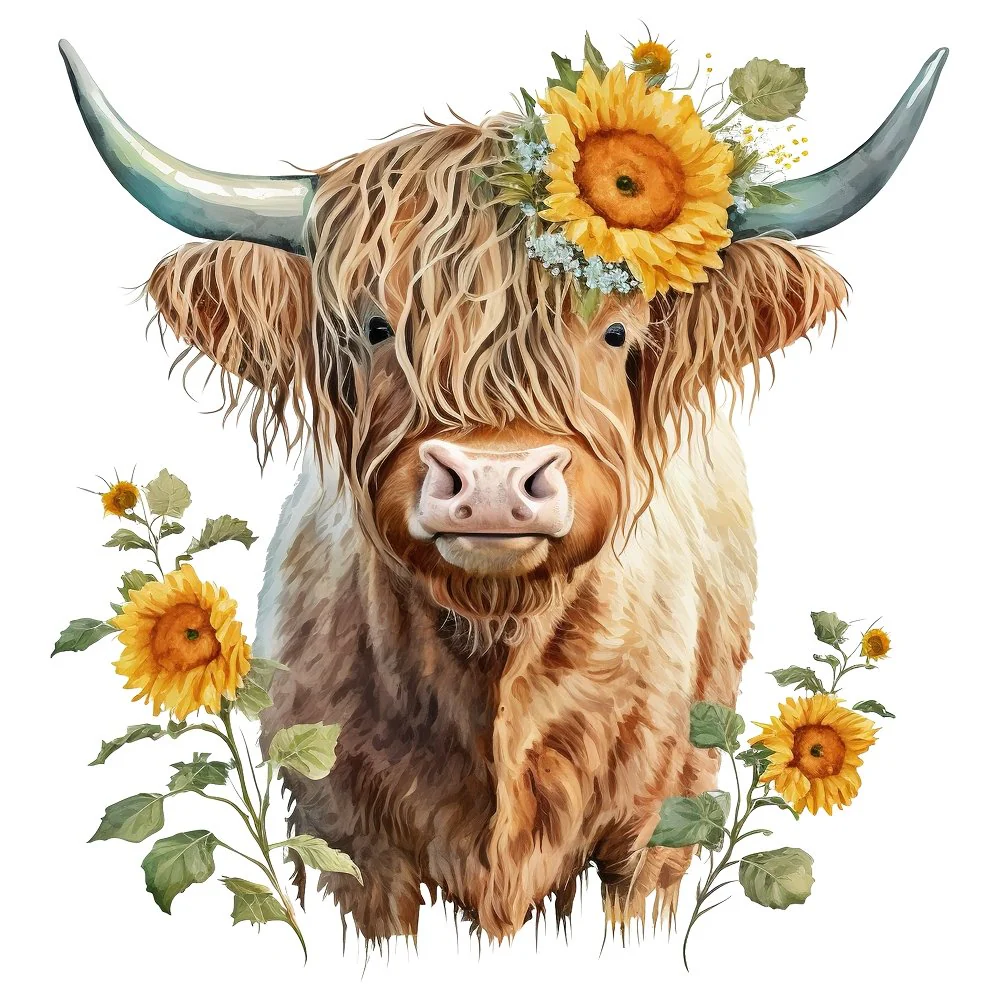 Sunflowers & Highland Cows #1 Fabric Panel