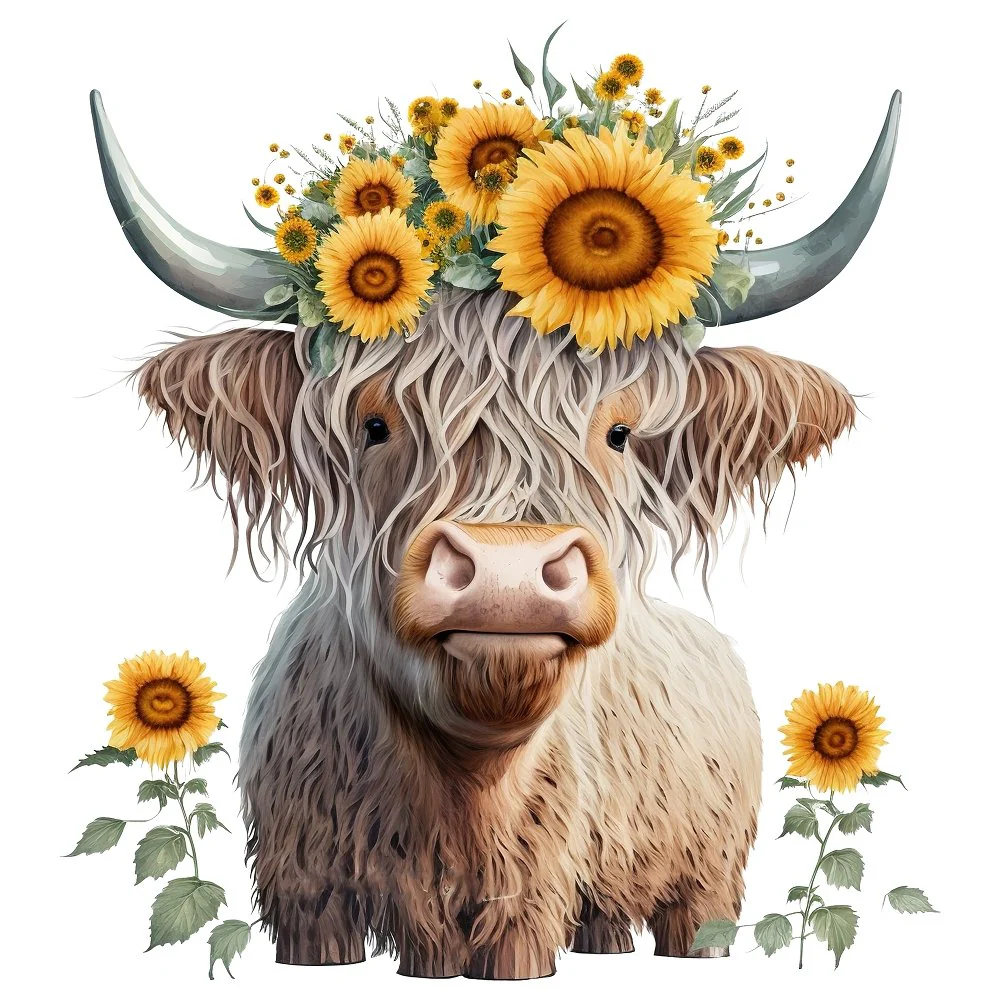 Sunflowers & Highland Cows #3 Fabric Panel