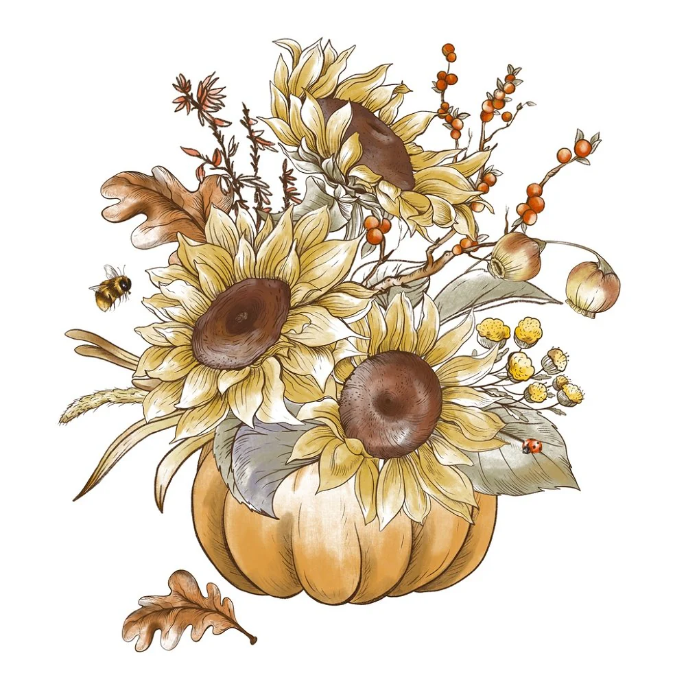 Sunflowers & Pumpkin Arrangement Fabric Panel
