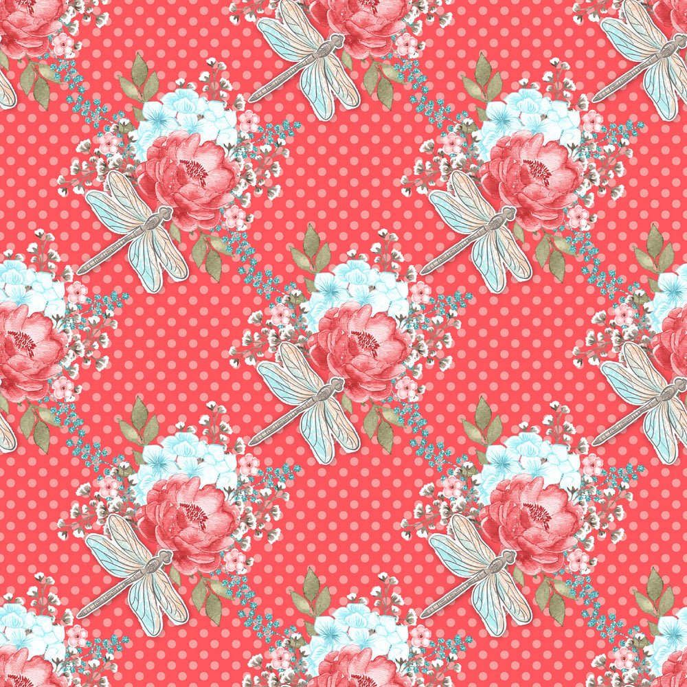 Sweet Dragonfly on Red Dots Fabric