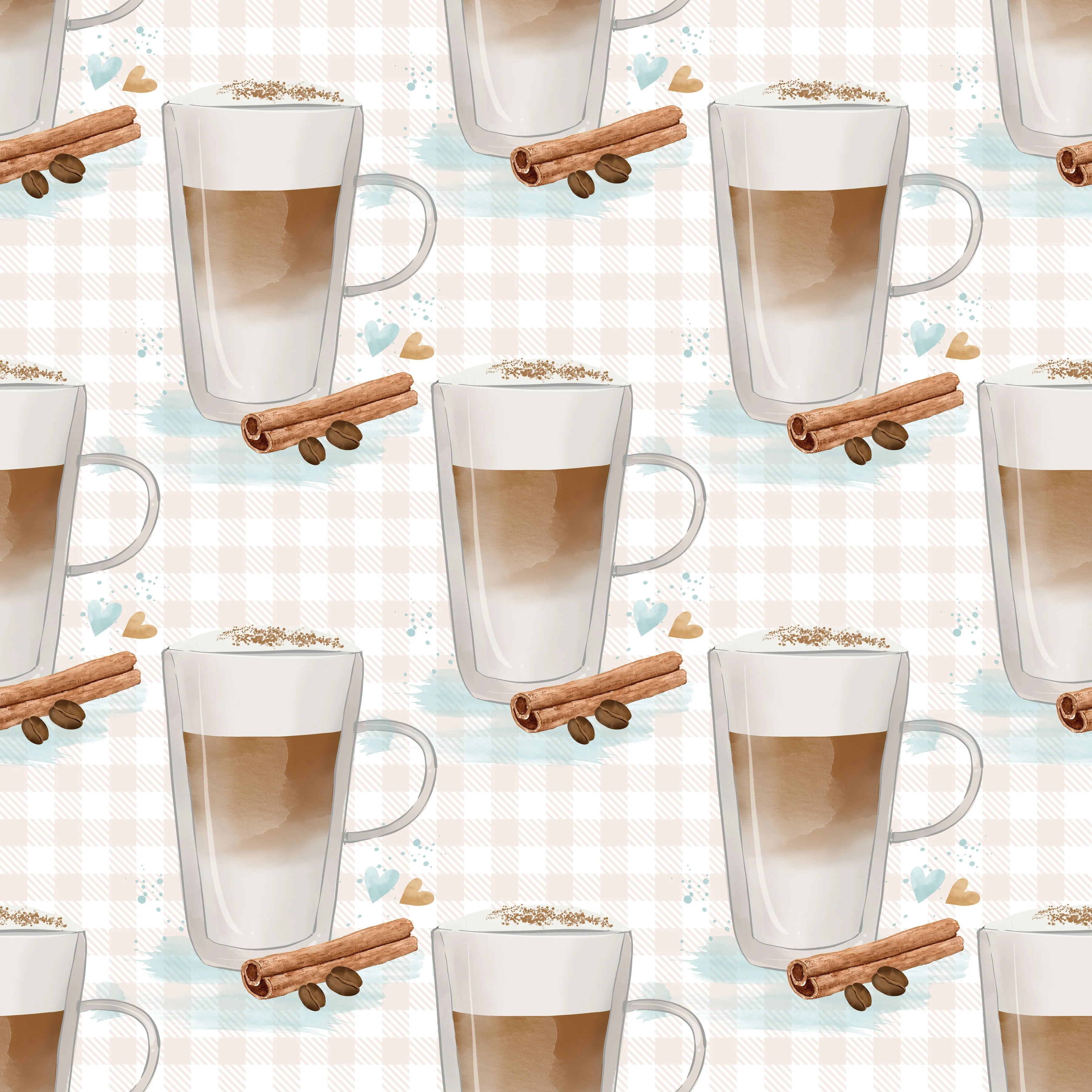 Tall Coffee Cups on Plaid Fabric - White
