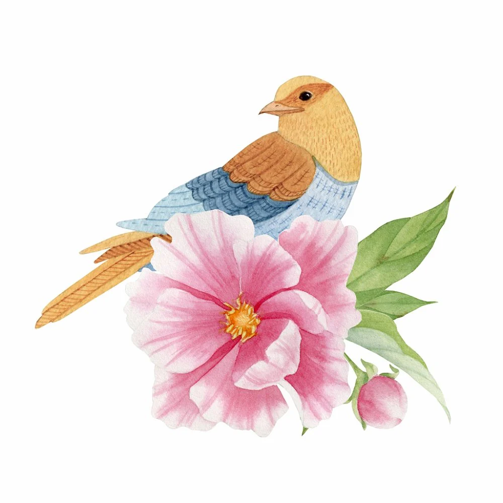 Tanager Perched on Pink Iris Fabric Panel