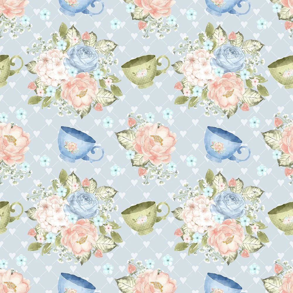 Tea Time Cups and Bouquets Fabric - Blue