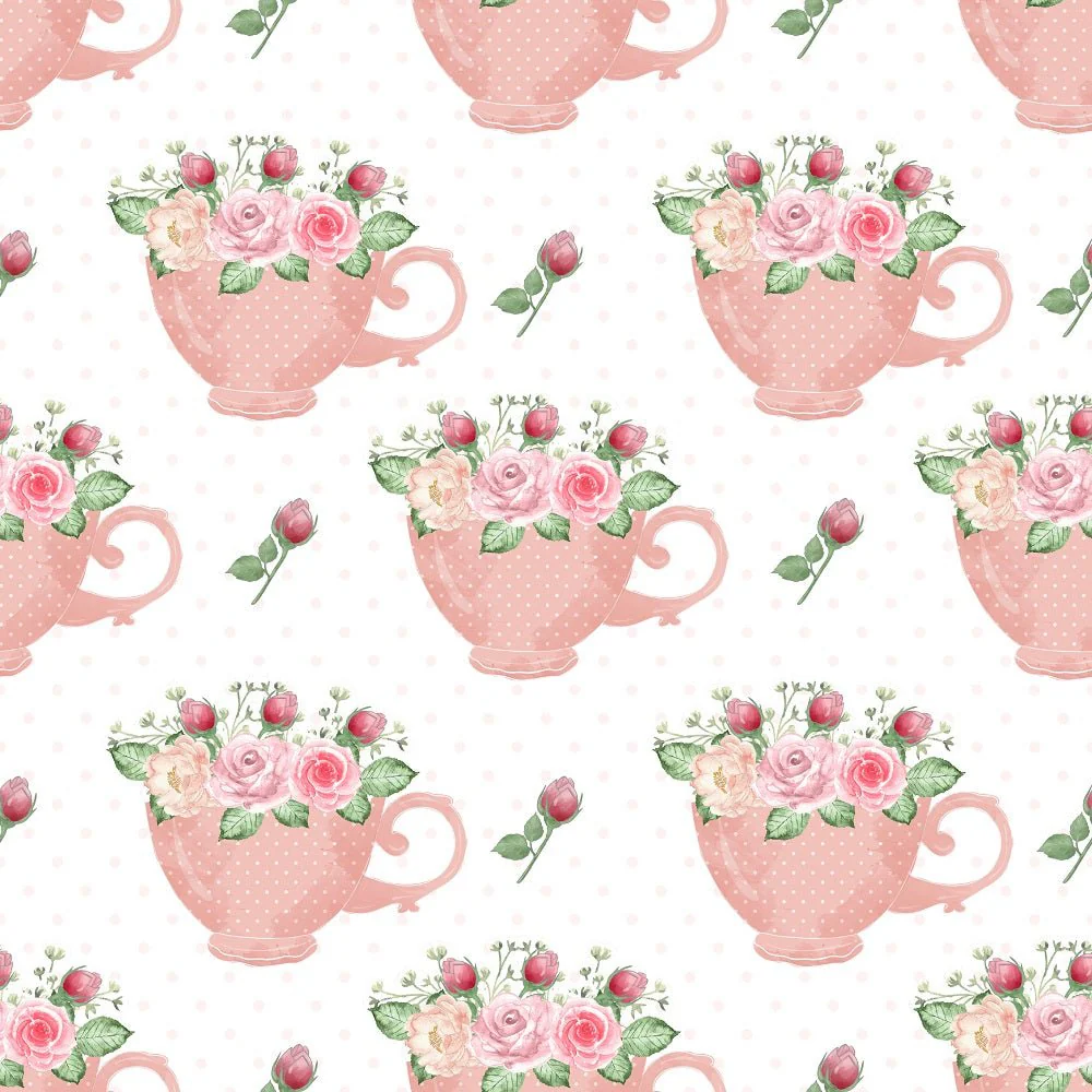 Tea Time Floral Cups Fabric - White