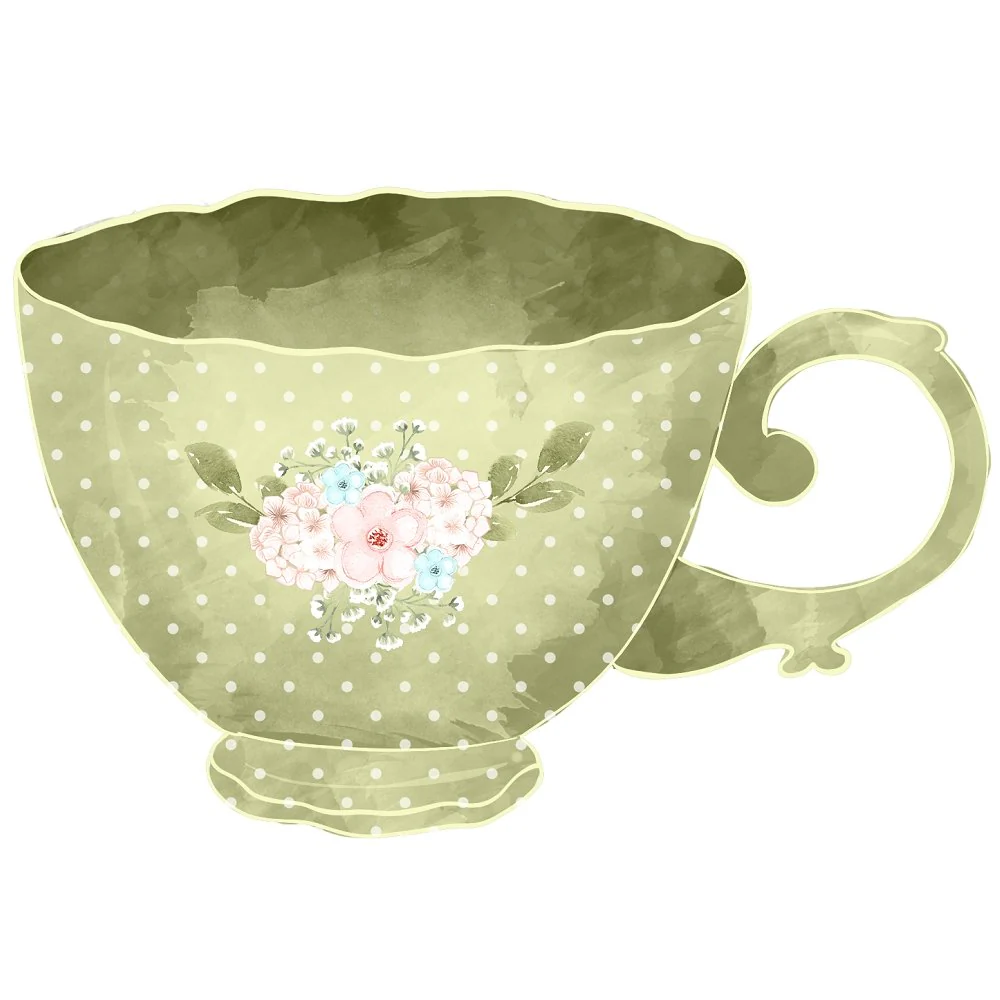Tea Time Green Floral Cup Fabric Panel