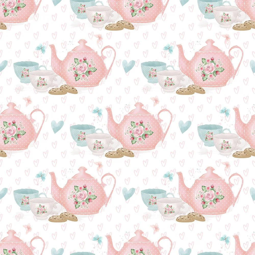 Tea Time Pink Set Fabric - White