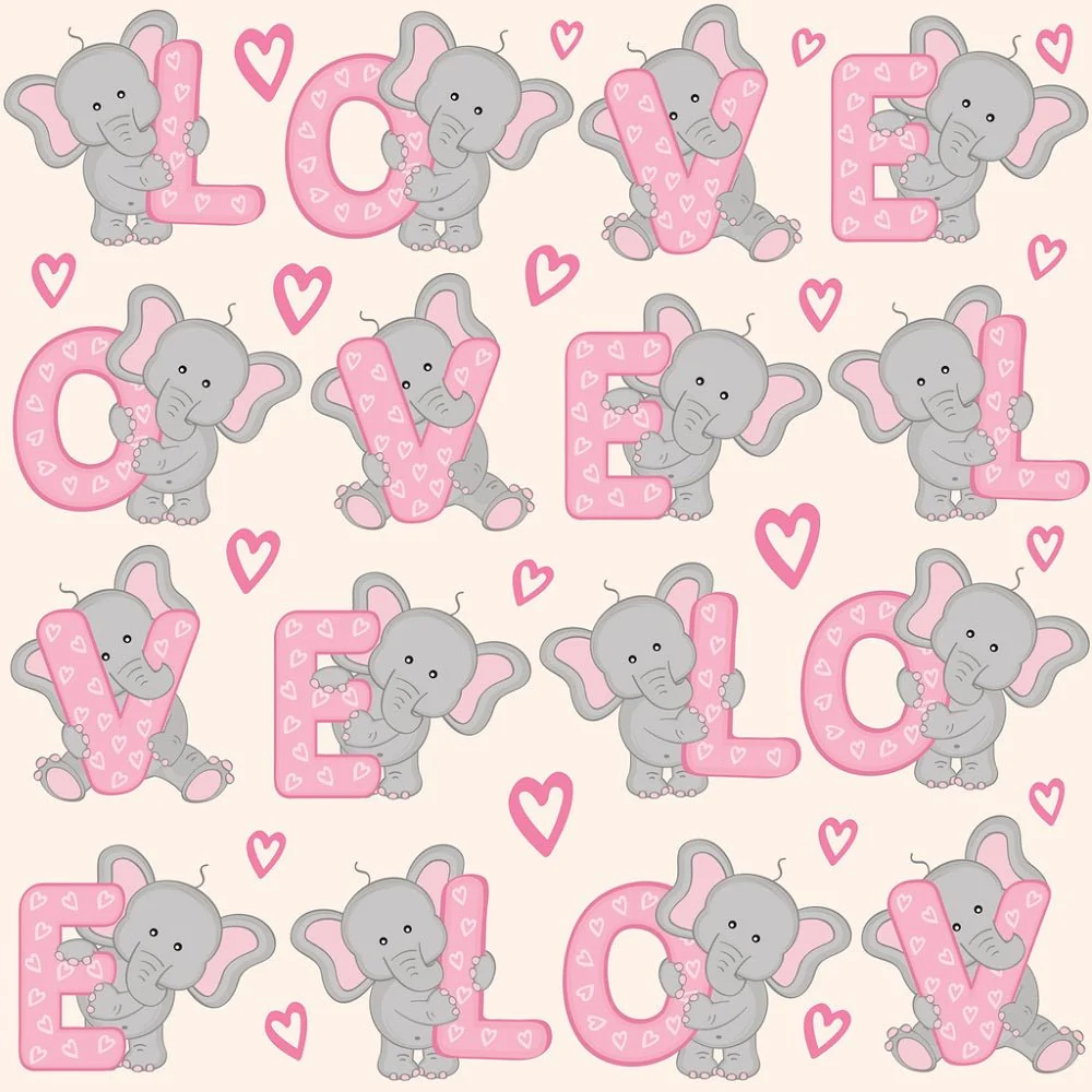 Valentine Elephants Alphabets Fabric - Tan