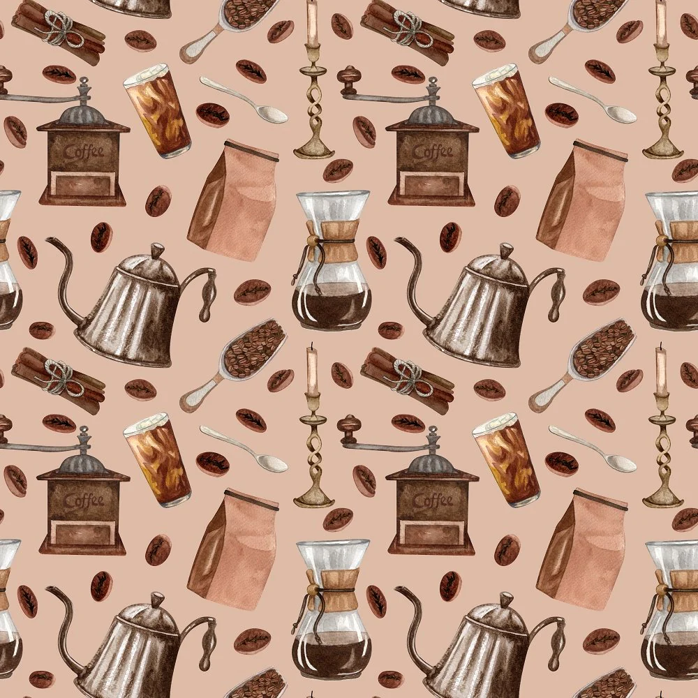 Vintage Coffee Elements and Beans Fabric - Cream