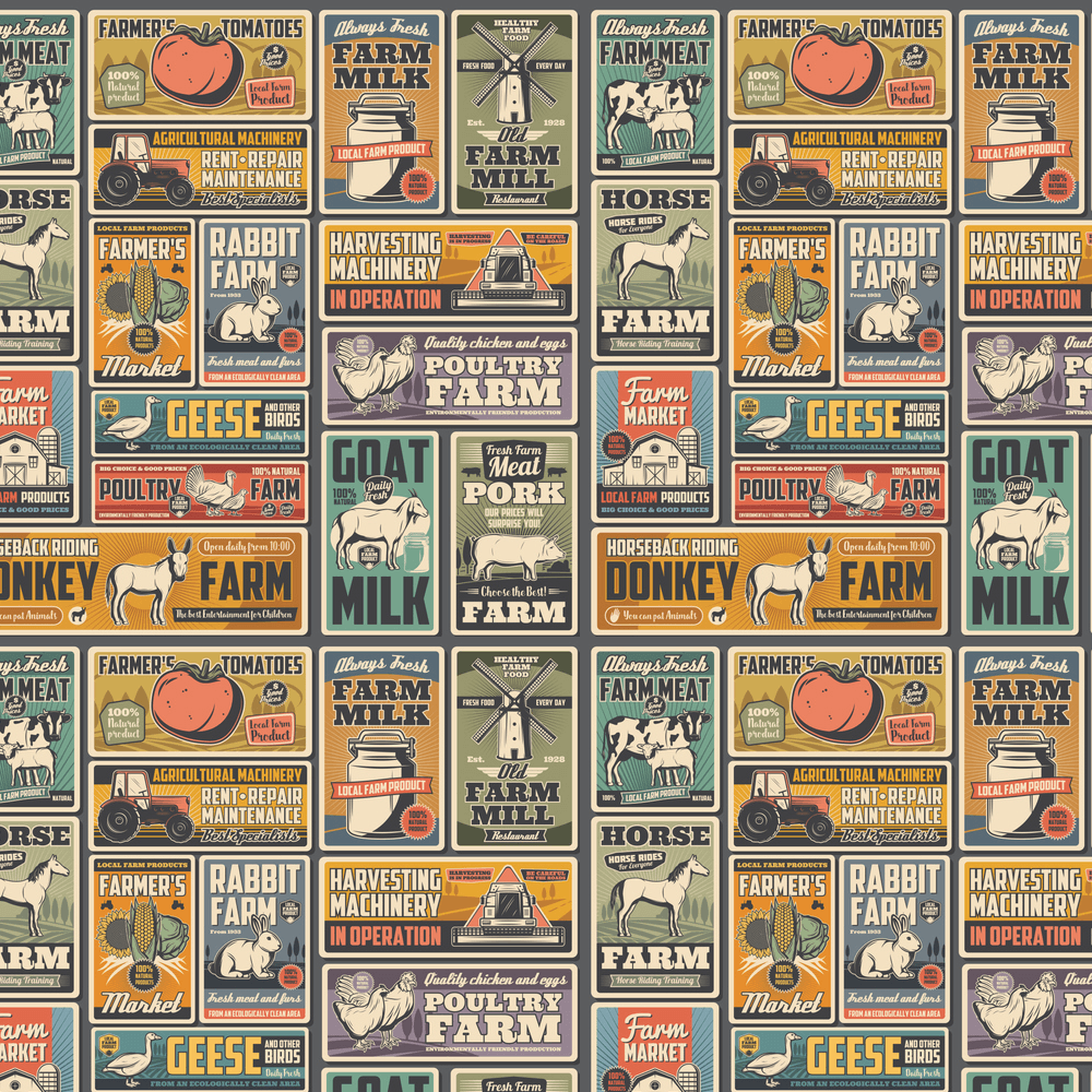 Vintage Farm Poster Fabric - Multi