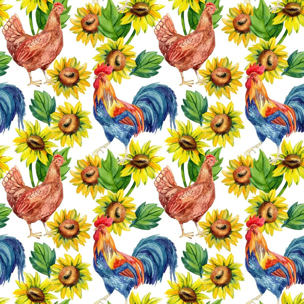 Watercolor Chicken & Rooster Sunflower Fabric