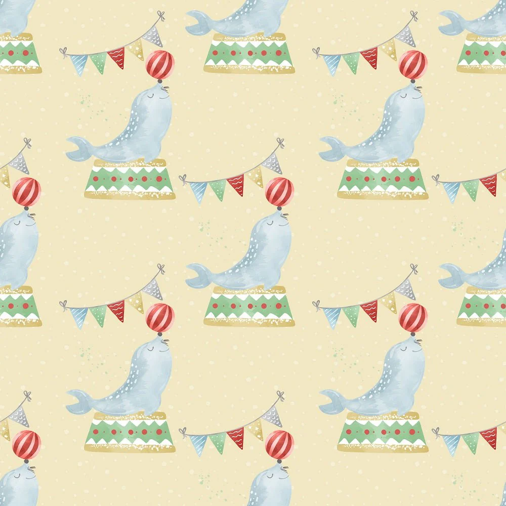 Watercolor Circus Seal Fabric - Tan