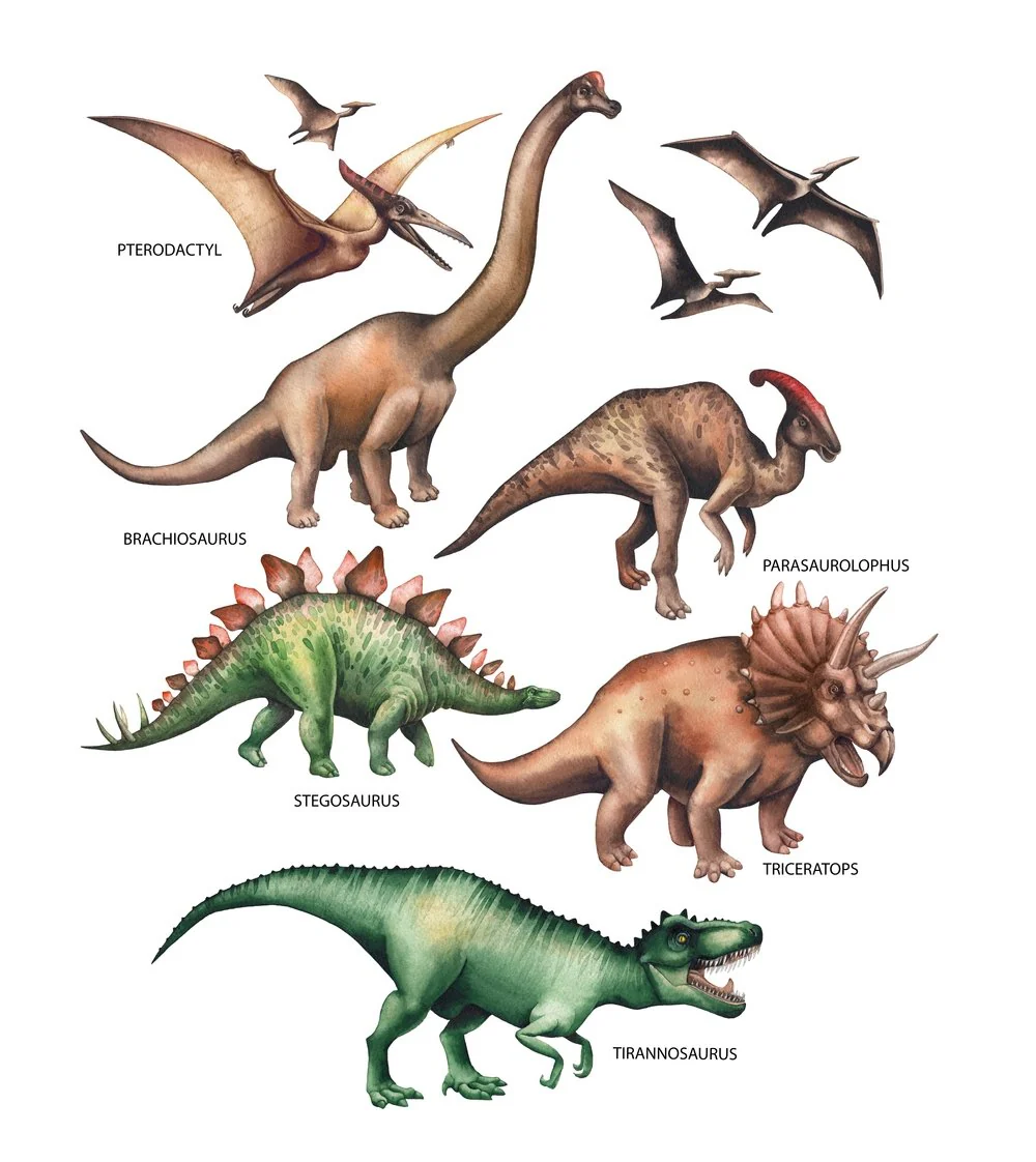 Watercolor Dinosaur Collection Fabric Panel - White