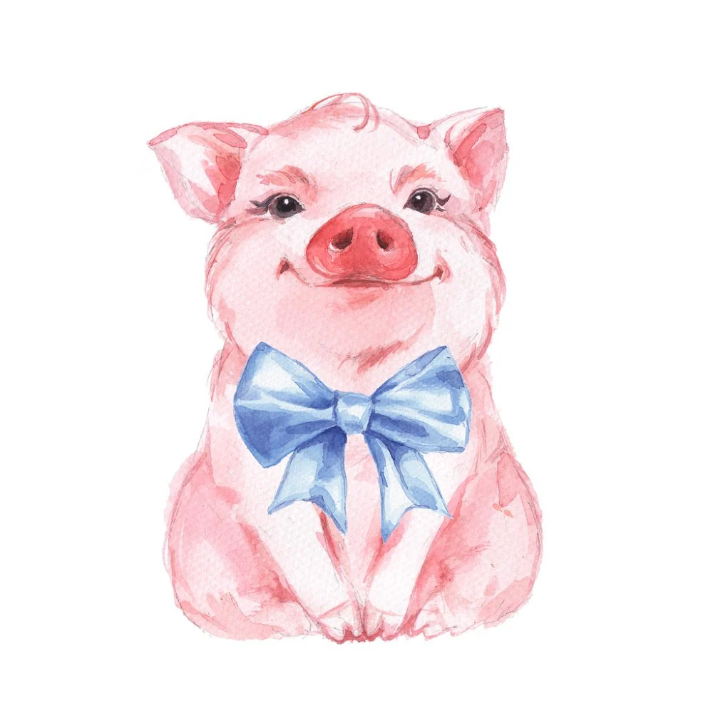 Watercolor Pig With Bow Fabric Panel - Pink