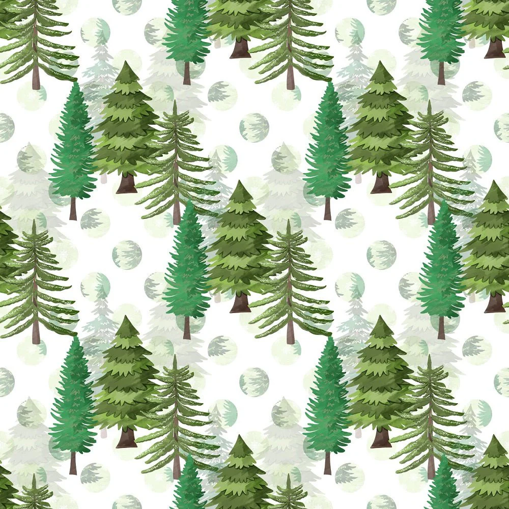 Watercolor Pine Trees on Dots Fabric - White