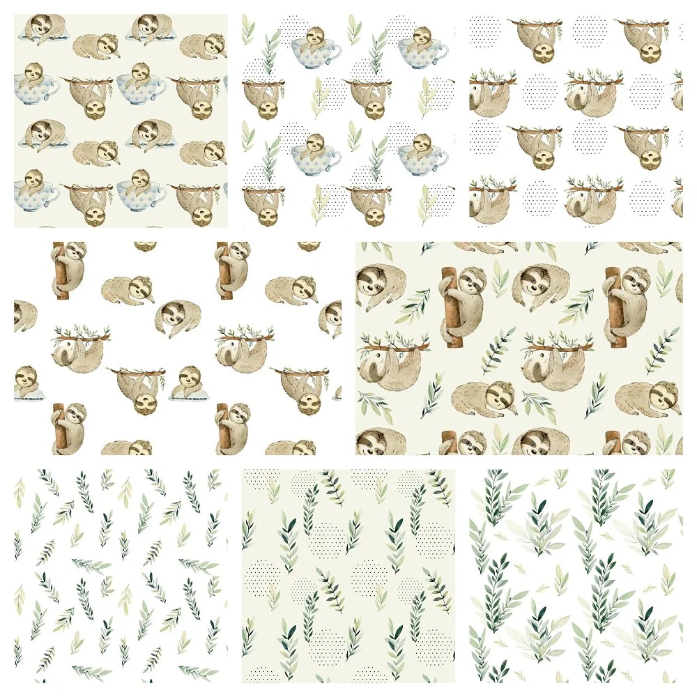 Watercolor Sloths Fat Eighth Bundle - 8 Pieces