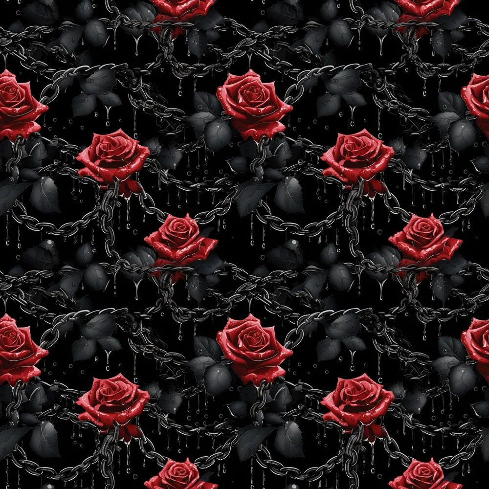 Wet Black Chains & Red Roses Fabric