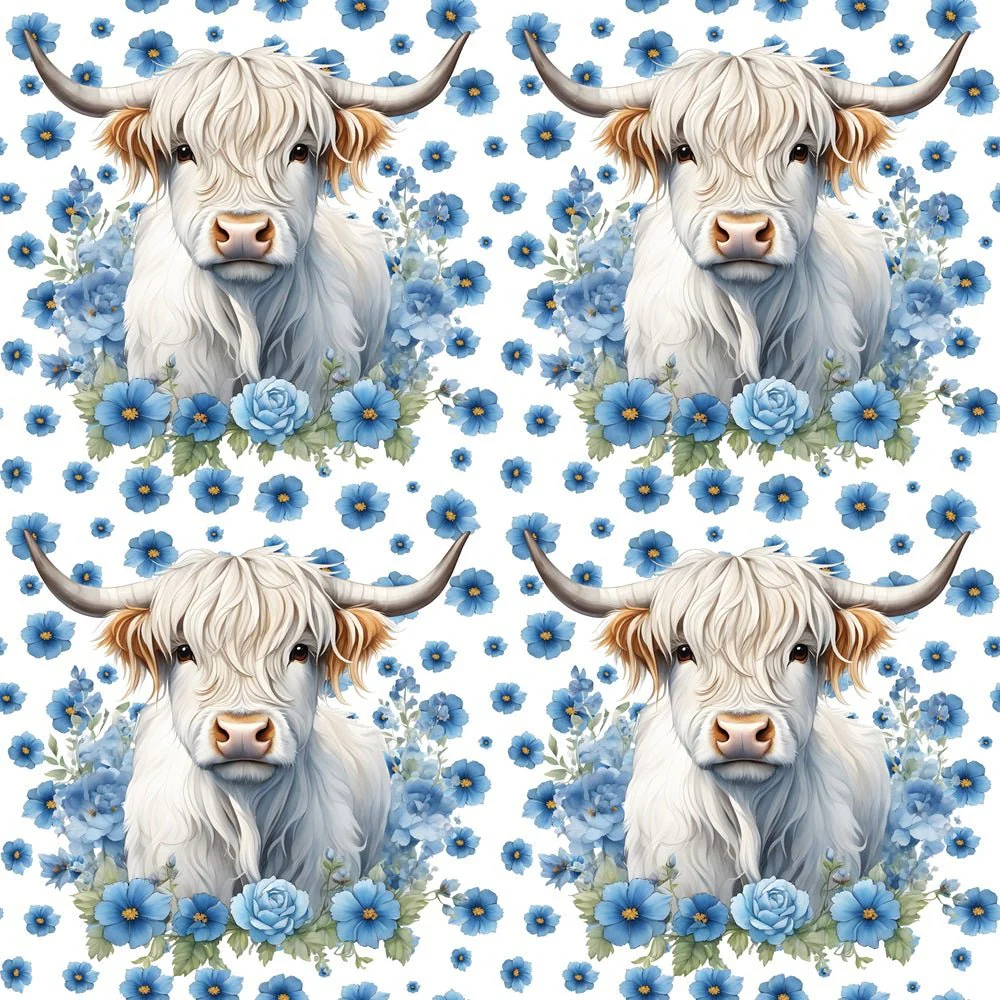 White Highland Cows & Flowers Fabric - Blue