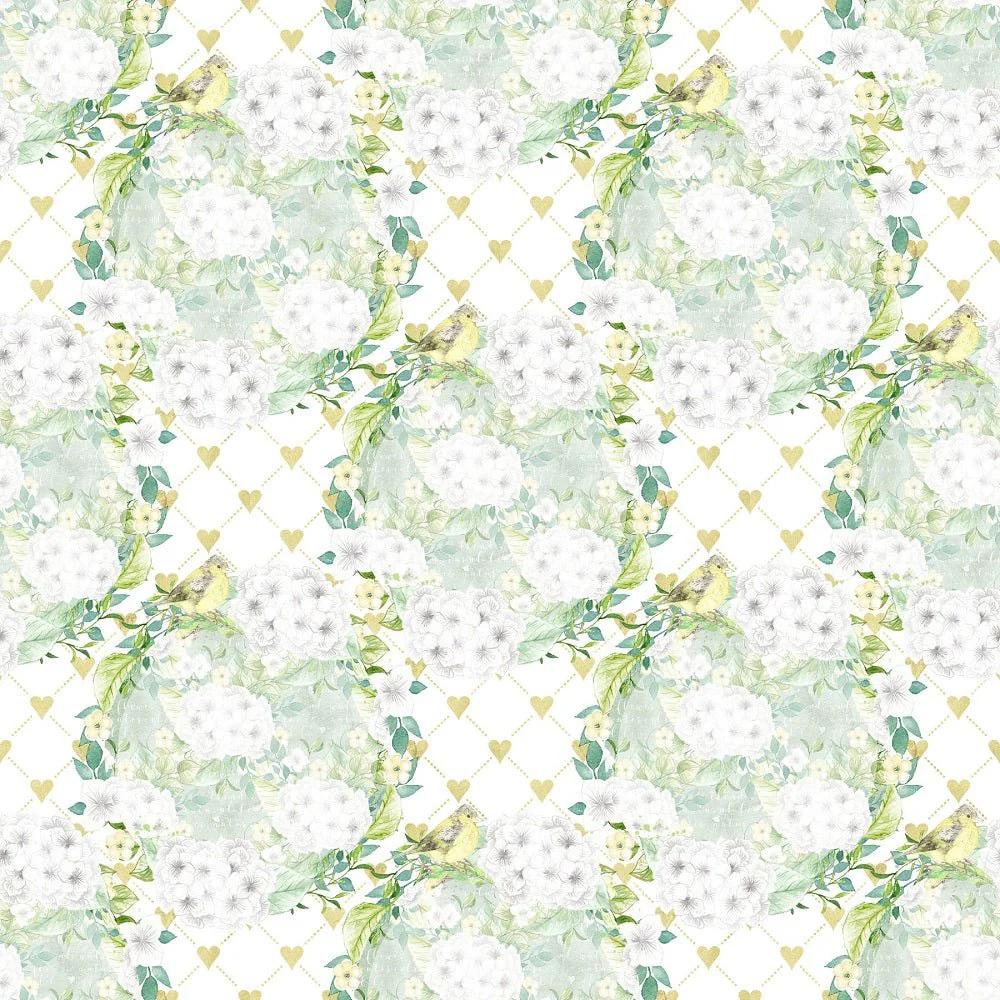 White Hydrangeas Birds on Hearts Fabric