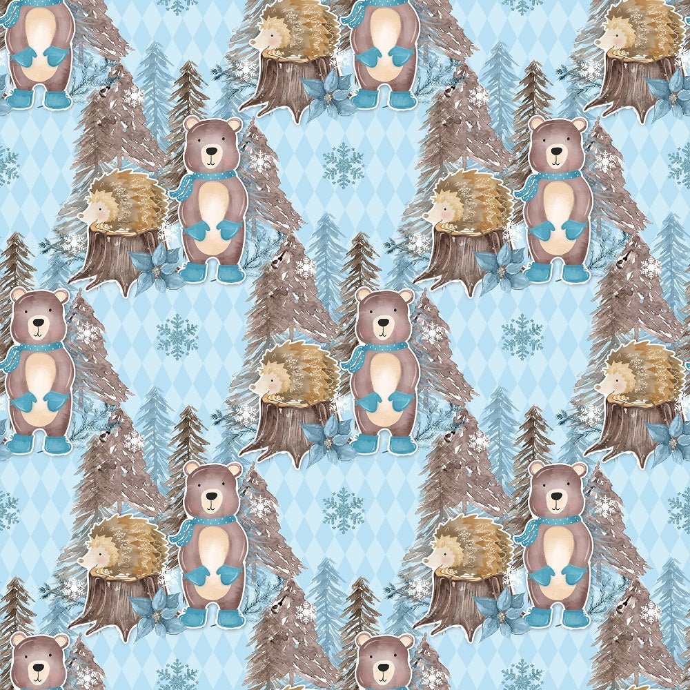 Winter Animals Scene on Checkered Fabric - Blue