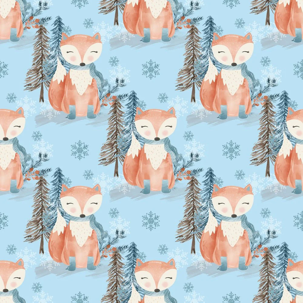 Winter Fox with Snowflakes Fabric - Blue