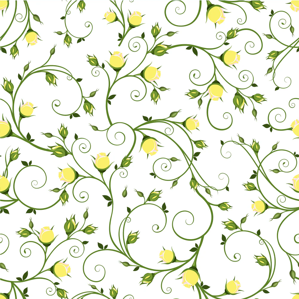 Yellow Rosebuds on Vines Fabric - White