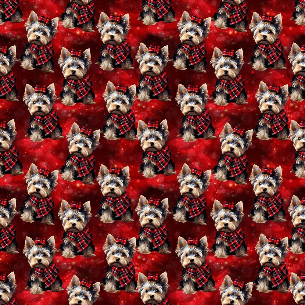 Yorkies On Red Plaid Fabric